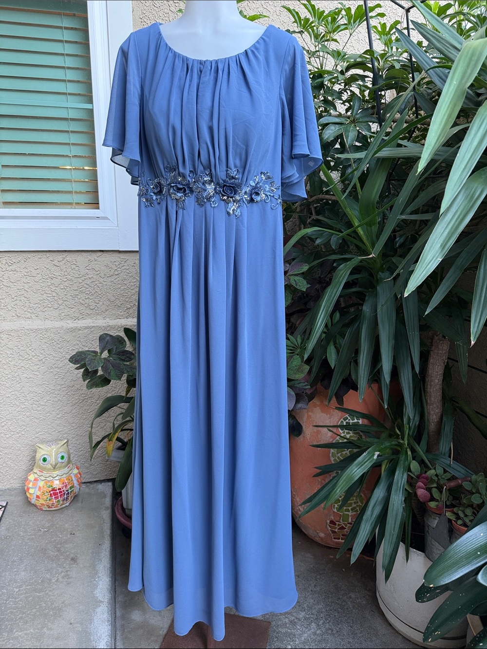 Elegant Dusty Blue Embroidered Waist Maxi Dress
